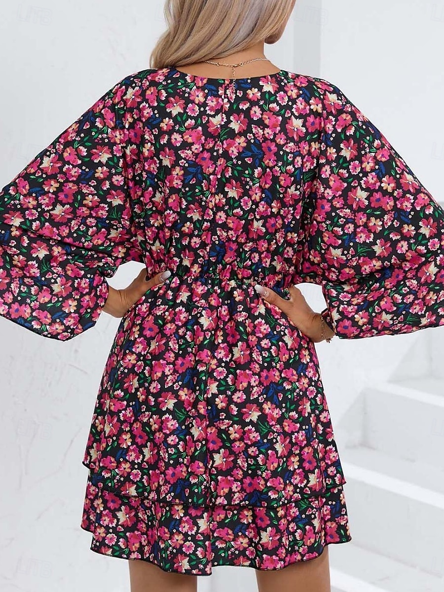 Dames Mini-jurk Casual jurk A lijn jurk Stijlvol Casual Vakantie Dagelijks Normale pasvorm Bloemig 3/4 mouw V-hals Zwart Rood Zomer Lente 2025 - $27.99 –P13