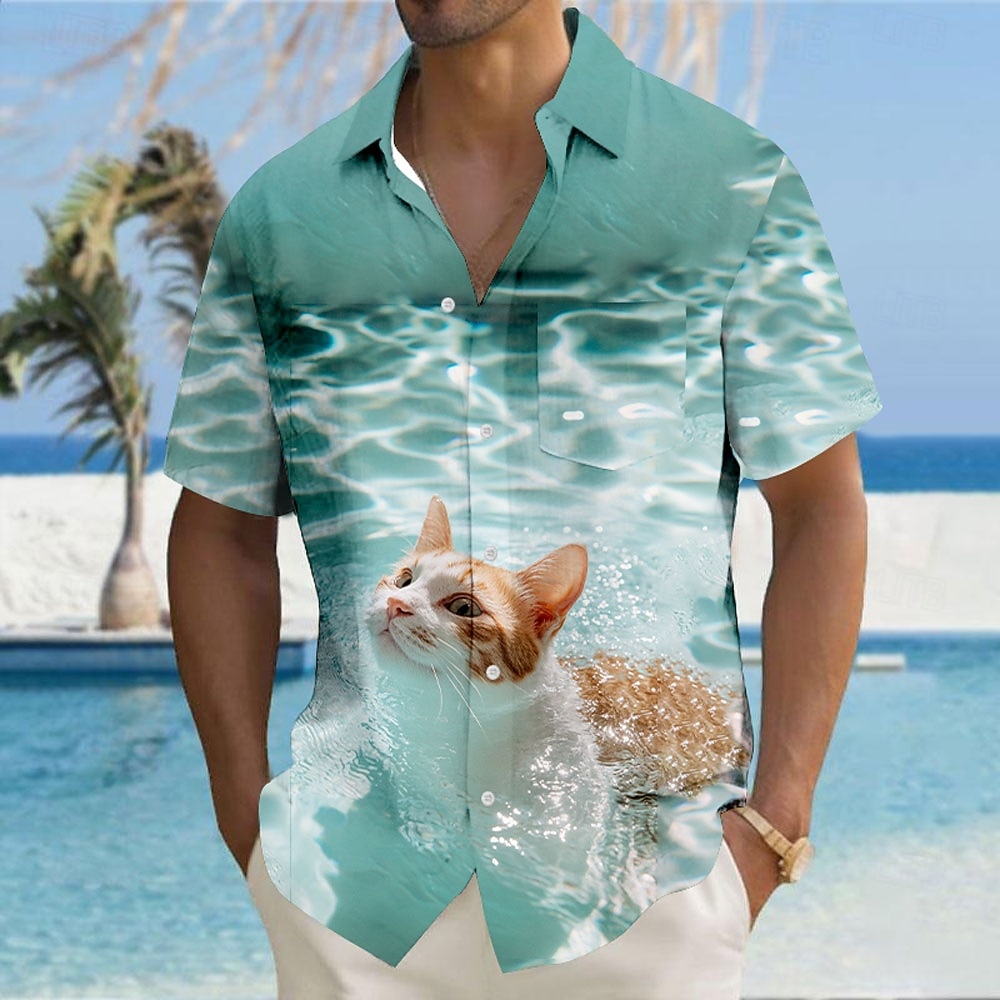 Homme Chat Illusion d'optique Vagues Chemise Chemise Boutonnée Manche Courte Mode Décontractée Vacances Fête Tenue de plage Été Automne Col Rabattu Impression 3D chemises à col Une poche avant Bleu de 2026 ? $25.99 –P5