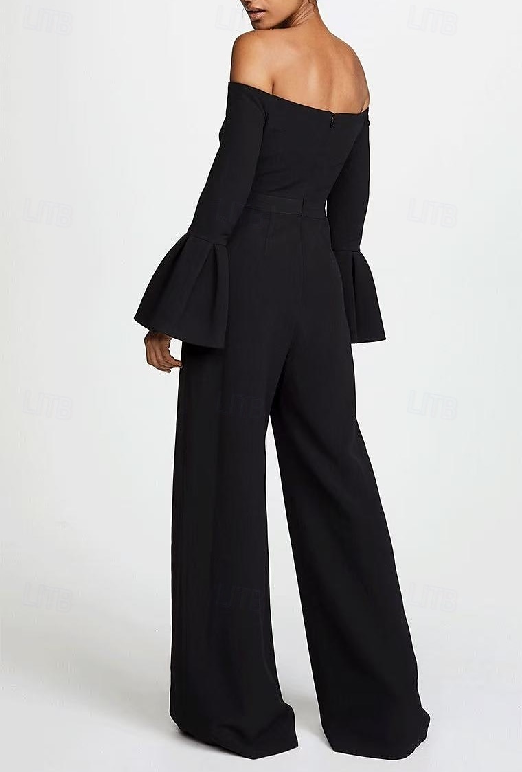 Jumpsuits Abendkleid Elegantes Kleid Abendparty Party Wear Bodenlang Lange Ärmel Off-Schulter Gürtel  Sash Baumwollmischung Rückenauschnitt mit Rüschen 2025 - $151.99 –P2