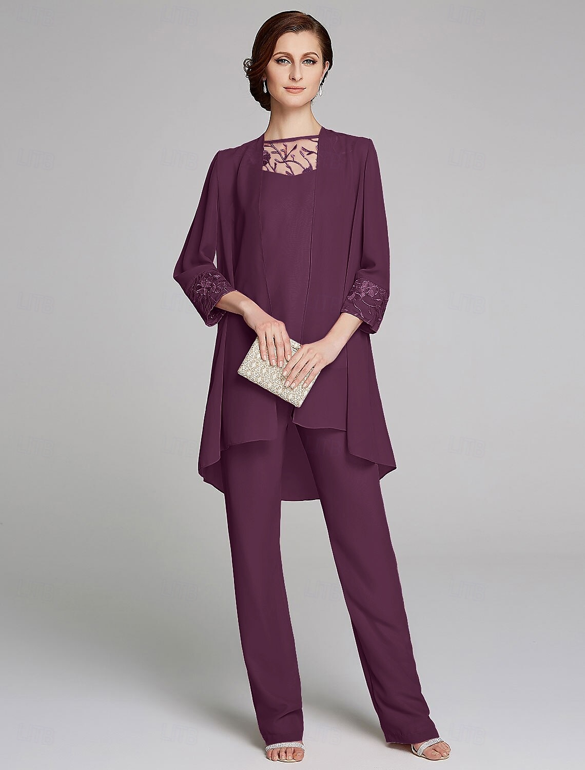 Jumpsuit  Pantssuit Moeder van de Bruid Formele Bruiloft Gast Wrap Inbegrepen Juweel Hals Vloerlengte Chiffon Kant 3/4 Lengte Mouw met Pailletten 2025 gratis op maat 2025 - $155.99 –P7