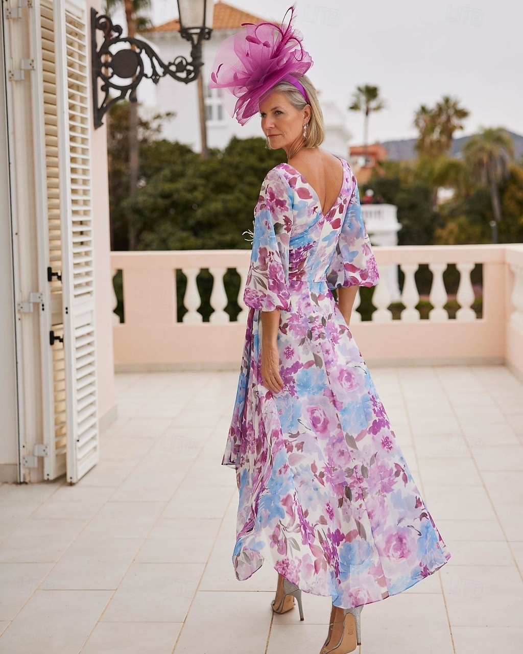 Blumenkleid Mutter der Braut Kleid Elegant Vintage V-Ausschnitt Asymmetrisch Chiffon 3/4-Länge Ärmel mit Spitzenapplikationen Blumen Renntagskleid Hochzeitsgast Kleid 2025 - $176.99 –P2