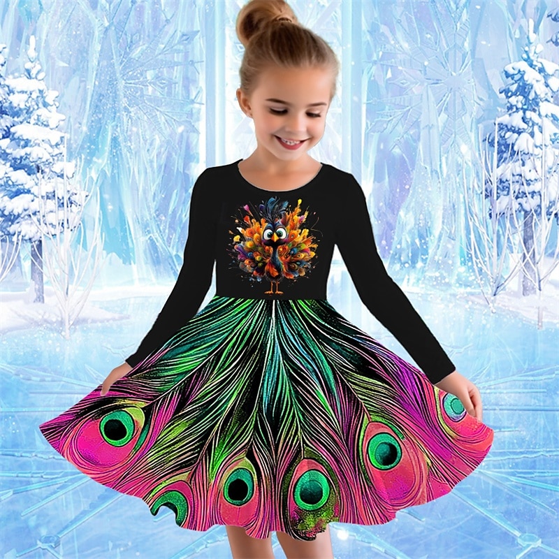 Girls' 3D Graphic Animal Peacock Dress Long Sleeve Summer Spring Vacation Daily Holiday Princess Beautiful Sweet Kids 4-12 Years Casual Dress A Line Dress Knee-length Regular Fit 2025 - $16.99 –P2