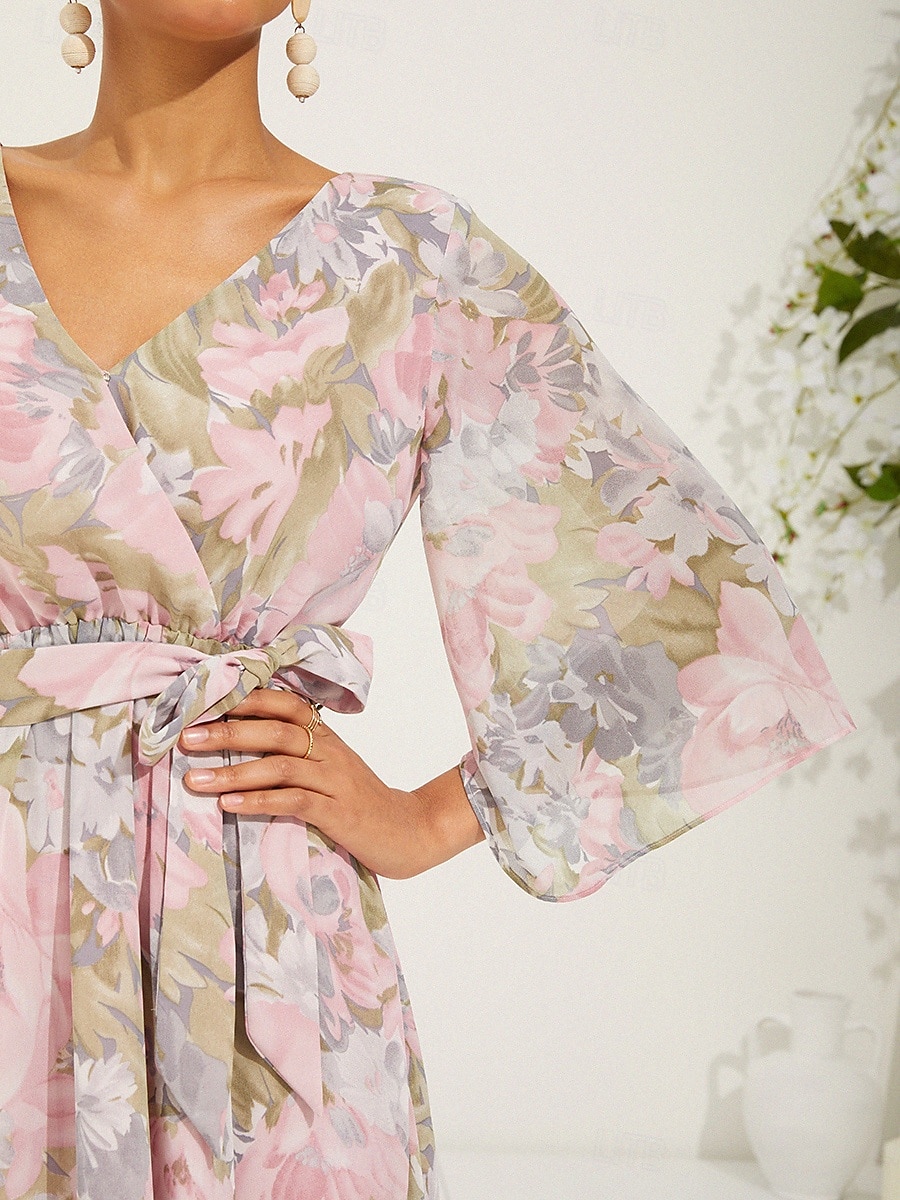 Damen kleid lang Chiffon-Kleid Elegant Stilvoll Flattrige Ärmel Hochzeit Urlaub Täglich Lockere Passform Blumen 3/4 Ärmel V Ausschnitt Rosa Sommer Frühling Herbst 2025 - $61.99 –P3