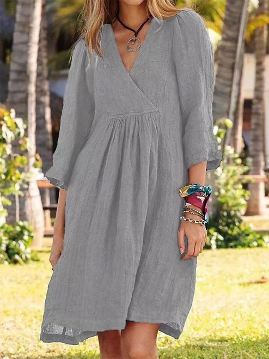 Per donna Mini Abito Abiti in cotone e lino Vestito Casual Essenziale Casual Vacanza Quotidiano Vestibilità regolare Semplice Manica 3/4 Scollo a V Bianco Blu Marrone Grigio Estate del 2025 a $26.99 –P4