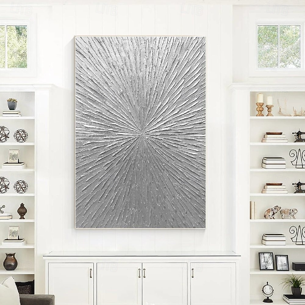 raggi d'argento astratto spesso dipinto a olio originale dipinto a parete soggiorno arte verticale pittura minimalista argento su tela del 2025 a $108.99 –P3