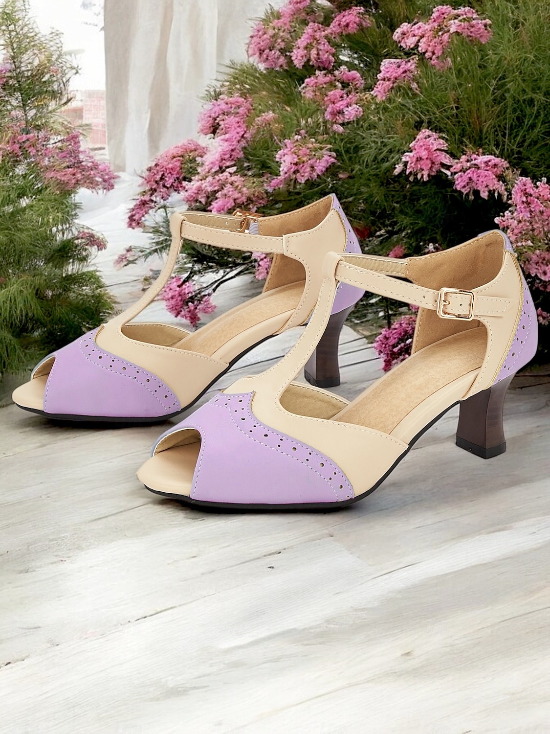 Women's Vintage Colorblock T-Strap Peep-Toe Heels – Elegant Mid Heel Sandals with Buckle Closure for Office, Casual & Formal Occasions 2025 - $46.99 –P2