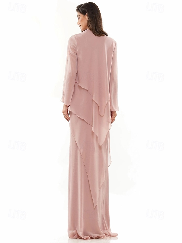 A-Linie Kleid Kleid Sets Brautmutter Kleid Elegant Einfach Rundhalsausschnitt Bodenlang Chiffon Langärmel mit Perlen tierende Rüschen 2025 2025 - $155.99 –P3