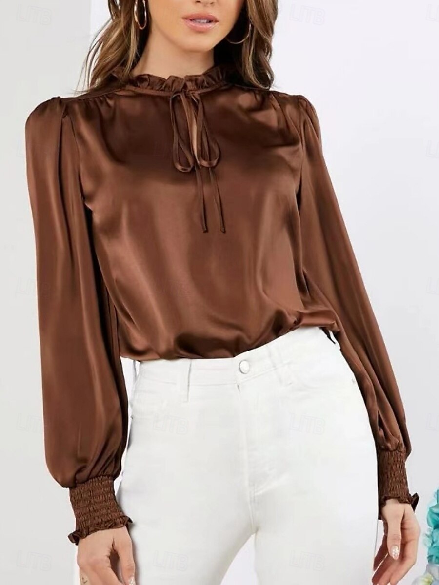 Women's Shirt Blouse Solid Color Business Modern Casual Long Sleeve Turtleneck Regular Tops Work Formal Wear Lace up Ruffle Brown Rose Pink Summer Spring 2025 - $34.99 –P2