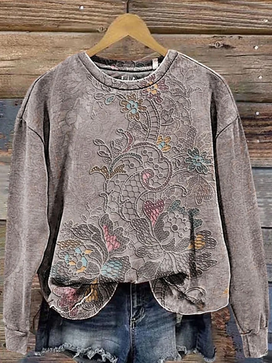 Damskie Z kapturem Nadruk Kwiaty Codzienny Długi rękaw Okrągły dekolt Zwykłe topy Codzienny Praca Na co dzień Szary Jesień Zima 2026 - $28.99 –P1