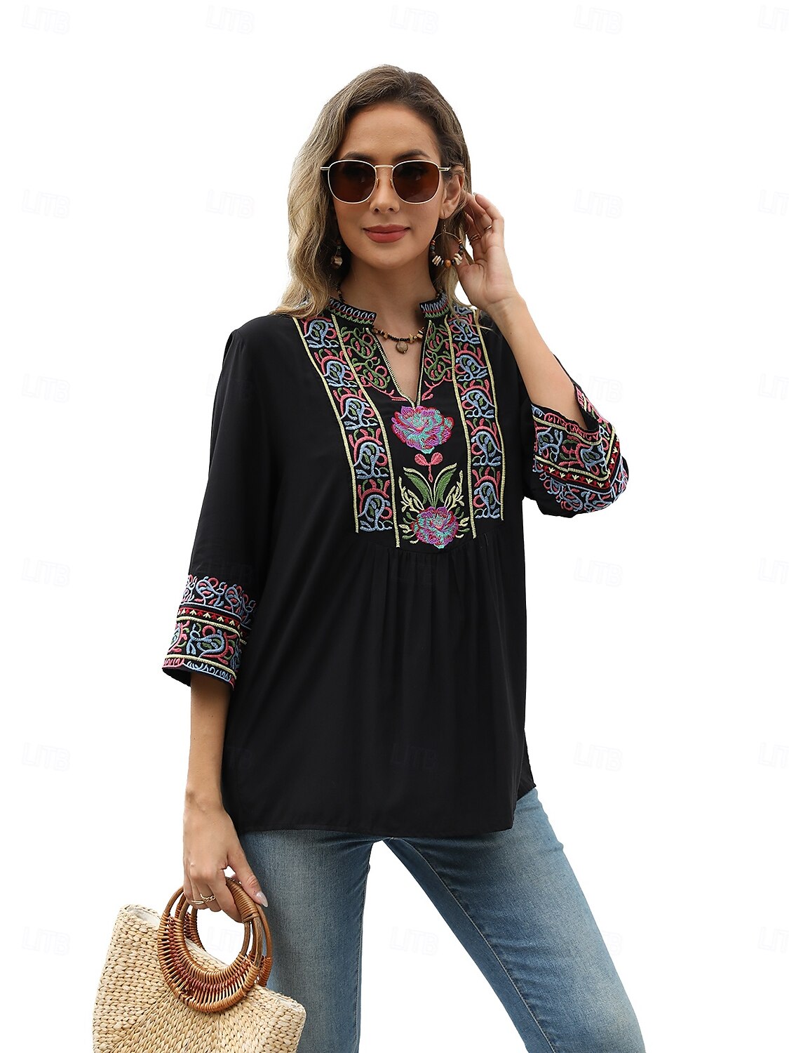 Pentru femei Cămașă Boho Boemia Zilnic Stilat Floral Simplu Topuri obișnuite Lungime Manșon 3/4 Cu Mâneci La Cot În V Brodat Potrivire Largă Muncă Zilnic Ieșire Negru Roz trandafiriu Vară 2025 - $33.99 –P12