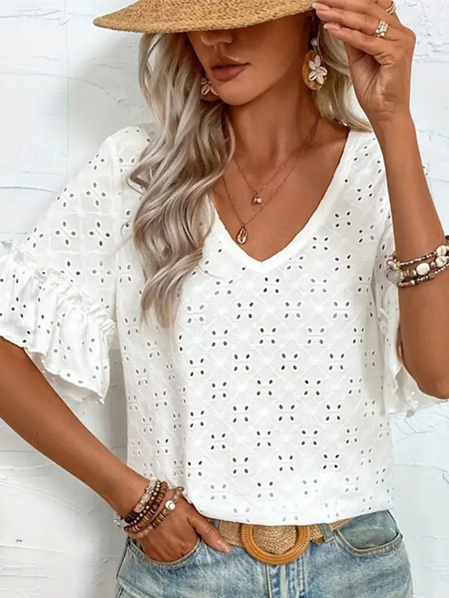 Women's White Elegant Lace Tops Eyelet Blouse Casual Plain Regular Tops Half Sleeve V Neck Eyelet Regular Fit Daily Weekend Romantic Petite Tops Summer Holiday Wear White Summer Spring 2025 - $21.99 –P3