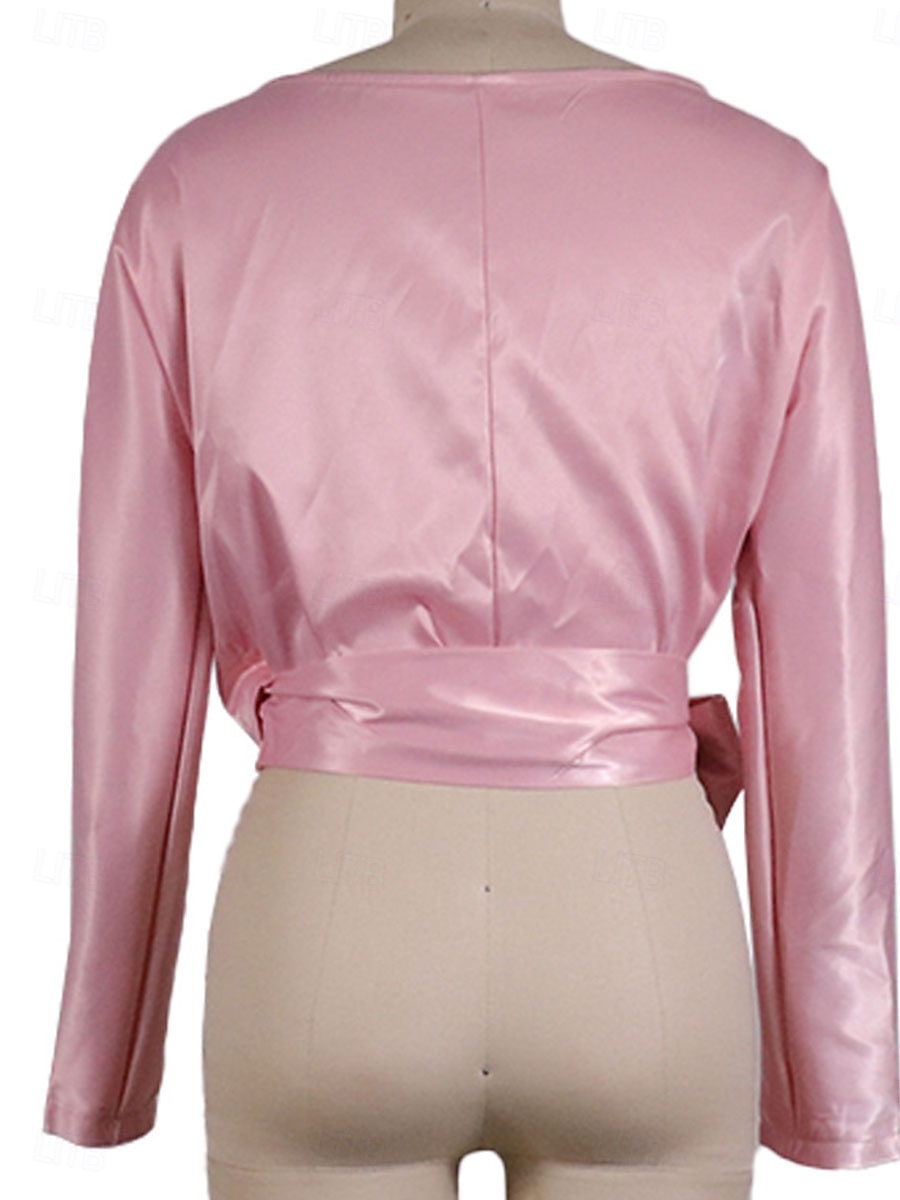 Per donna Blusa Tinta unica Elegante Sportivo Giornaliero Manica lunga A V Top regolari Giornaliero legare davanti Rosa Blu Estate Primavera Autunno del 2025 a $24.99 –P3