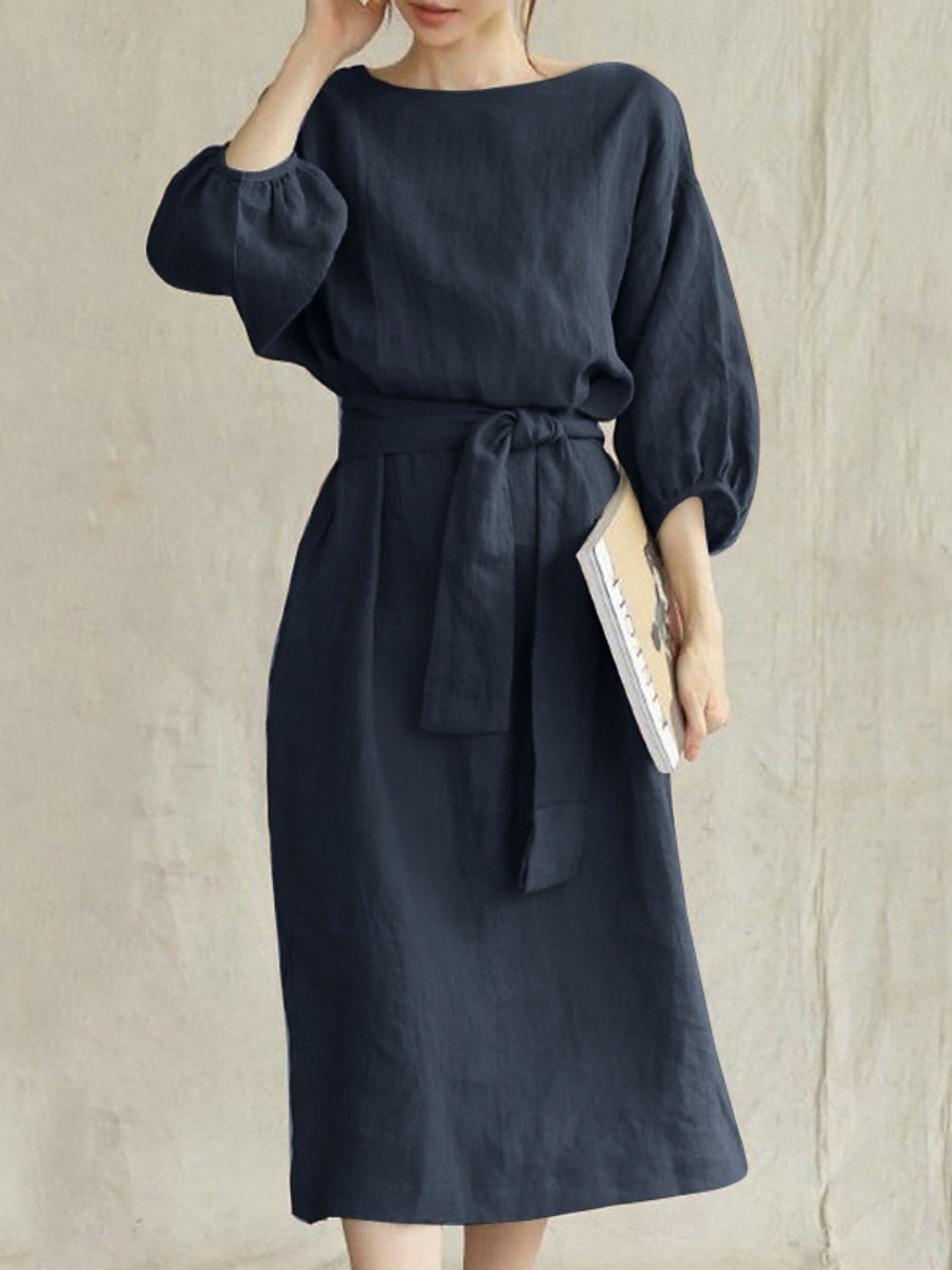Damen Minikleid Baumwoll-Leinen-Kleider Freizeitkleid Basic Lässig Urlaub Täglich Normale Passform Einfach Dreiviertelarm Rundhalsausschnitt Marineblau Braun Khaki Armeegrün Sommer 2025 - $26.99 –P6