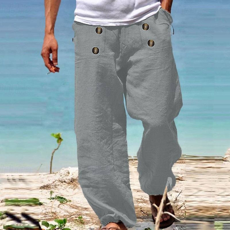 Férfi Vászon nadrág Nadrág Nyári nadrág Strand nadrág Géz nadrág Gombok Zsinór Rugalmas derék Sima Mokaszinok Légáteresztő Teljes hossz Napi Szabadság Tengerpart Szabadság Divat Fekete Fehér 2025 - $25.99 –P6