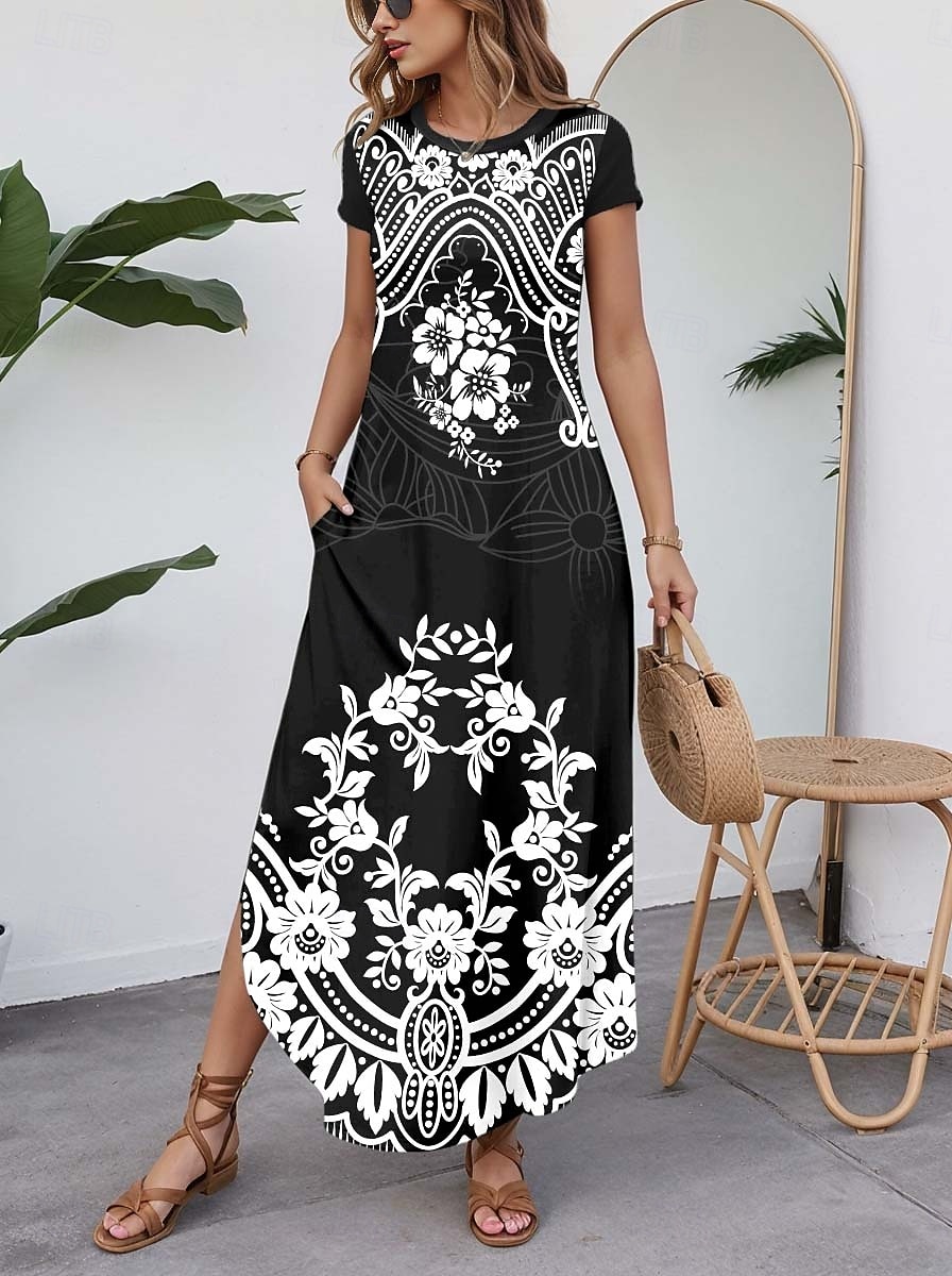 Mulheres Vestido Longo Vestido casual Vintage Férias Normal Estampado Cashemere Manga Curta Gola Redonda Preto Azul Marinha Azul Verde Verão de 2025 por $28.99 –P1
