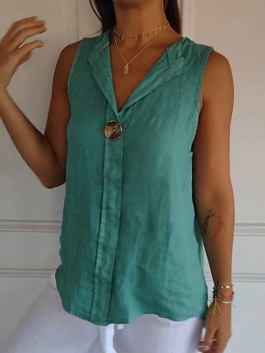 Per donna Camicia in cotone e lino Maglietta Bottoni Semplice Moda Elegante Classico Senza Maniche Colletto a Camicia Top Regolari Quotidiano Uscire Weekend Bianco Blu marino Verde Cachi Estate del 2026 a $22.99 –P3