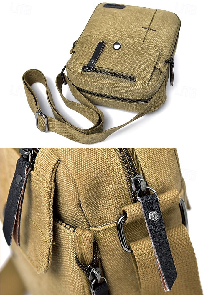 męska płócienna torba typu crossbody – wielokieszeniowa, vintage'owa, z regulowanym paskiem, idealna do podróży, pracy lub codziennego użytku, kolor czarny khaki, kawa 2025 - $19.99 –P4
