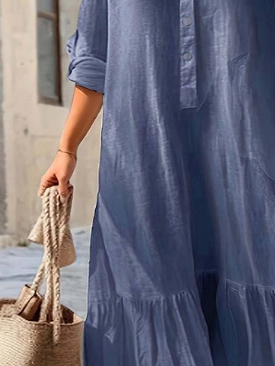 Damen Langes Kleid Maxikleid Leinen-inspirierte Kleider Hawaiianisch Normale Passform Einfarbig Langarm Hemdkragen Fügen Sie Königsblau hinzu Kaki Sommer Frühling 2025 - $26.99 –P4