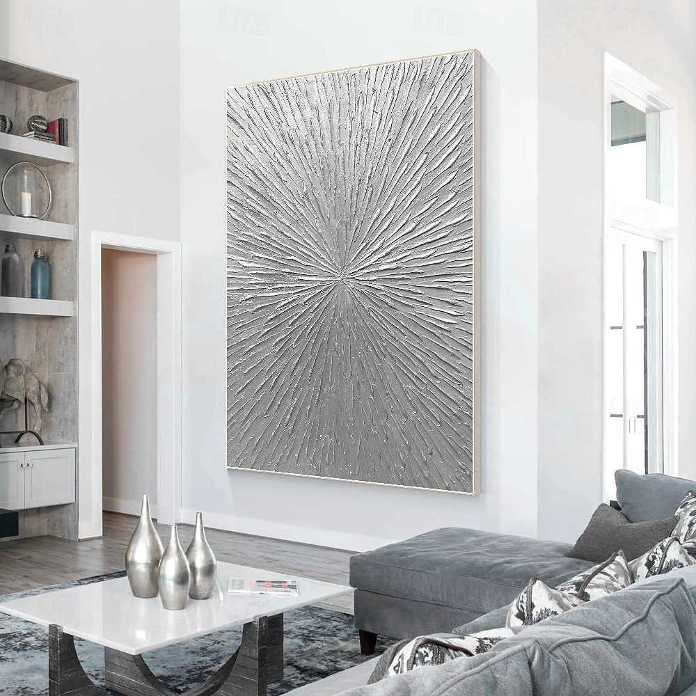 raggi d'argento astratto spesso dipinto a olio originale dipinto a parete soggiorno arte verticale pittura minimalista argento su tela del 2025 a $108.99 –P5