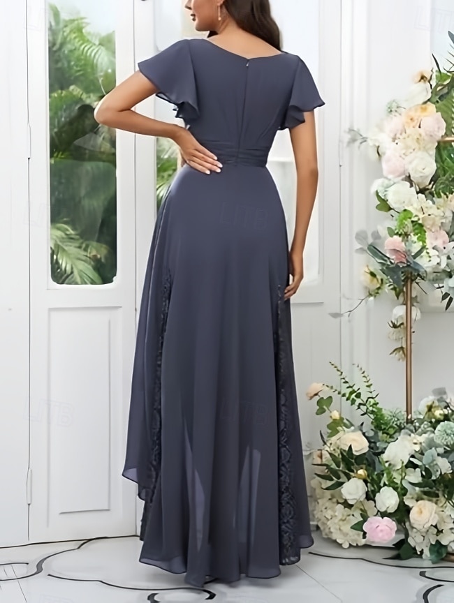A-Liniové Šaty pro Svatební Hosty Elegantní Šaty Svatební Host Asymetrické Krátké Rukávy V Výstřihu Podzimní Svatební Host Chiffon s Záhyby 2025 - $185.99 –P2