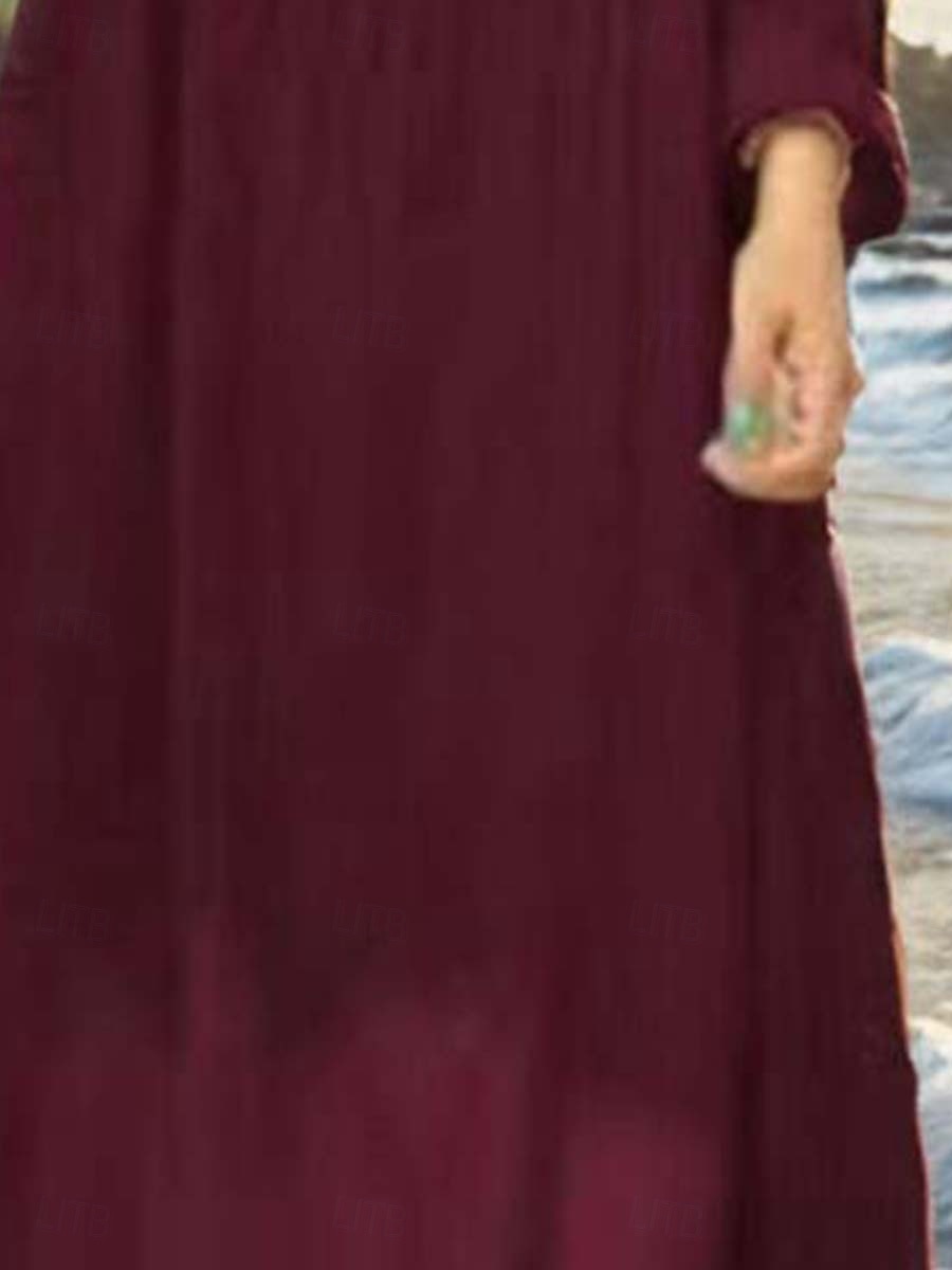 Damen Langes Kleid Maxikleid Leinen-inspirierte Kleider Baumwoll-Leinenkleid Hawaiianisch Normale Passform Einfarbig Langarm Rundhalsausschnitt Weinrot Beige Sommer Frühling 2025 - $32.99 –P2