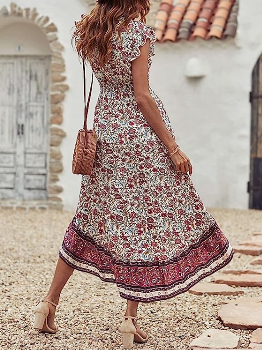 Dámské Midi šaty Volnočasové šaty Áčkové šaty Boho šaty stylové Na běžné nošení Dovolená Denní Běžný Květinový Krátký rukáv Do V Bordó Léto 2025 - $28.99 –P5