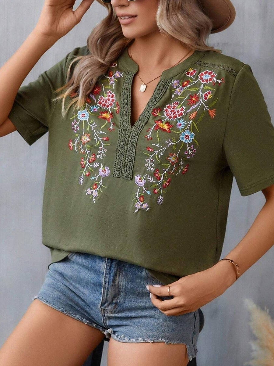 Women's Shirt Blouse Floral Stylish Casual Short Sleeve Notched Neck Regular Tops Daily Embroidered Army Green Navy Blue Summer 2025 - $32.99 –P6