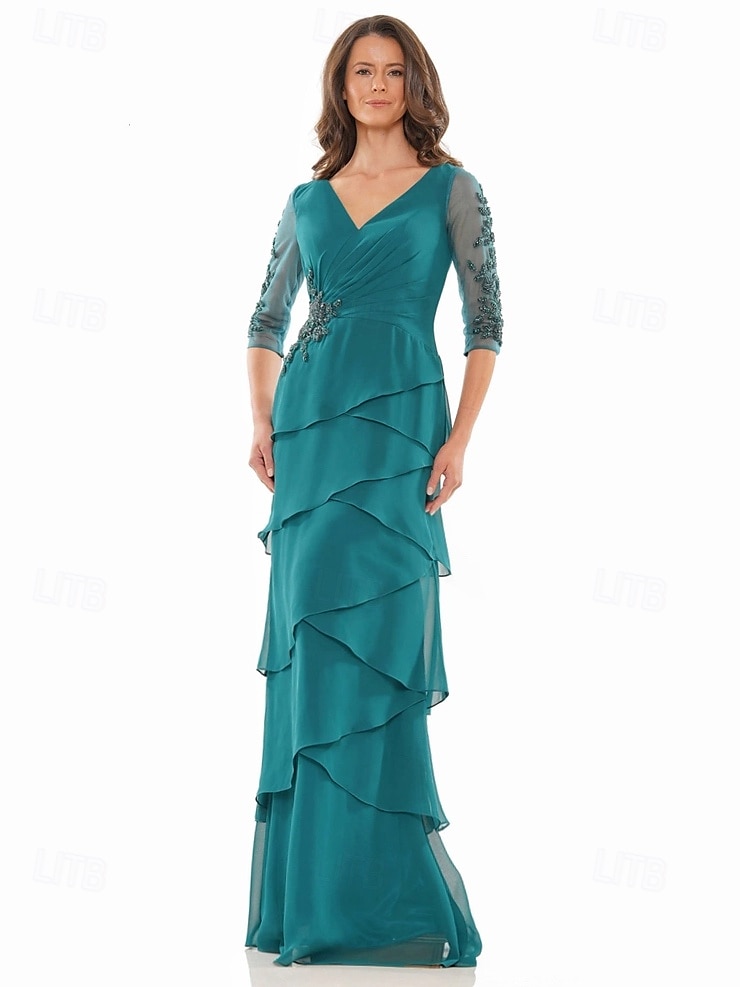 A-Linie Kleid Brautmutterkleid Formell Elegant V Ausschnitt Bodenlang Chiffon Dreiviertelarm mit Stufen Kaskadierende Rüschen Einfarbig 2025 2025 - $161.99 –P6