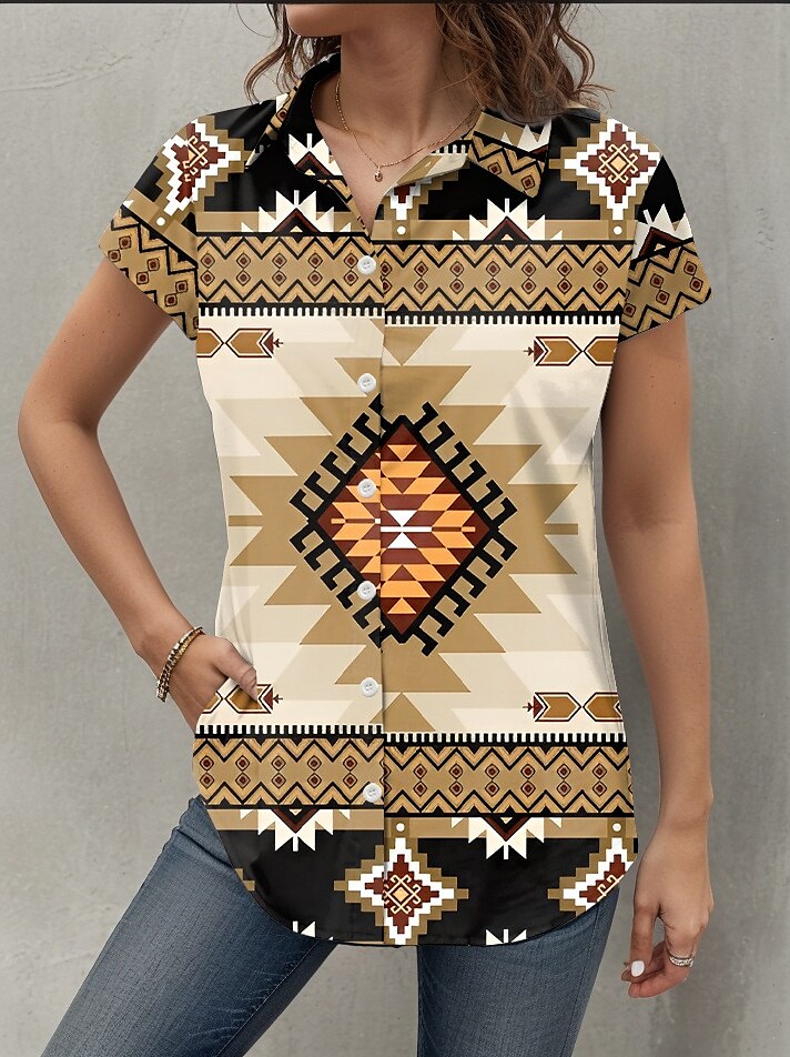 Dames Overhemd Geometrisch Dagelijks Korte mouw Kap Overhemdkraag Lange tops Dagelijks Geel Zomer 2025 - $25.99 –P2