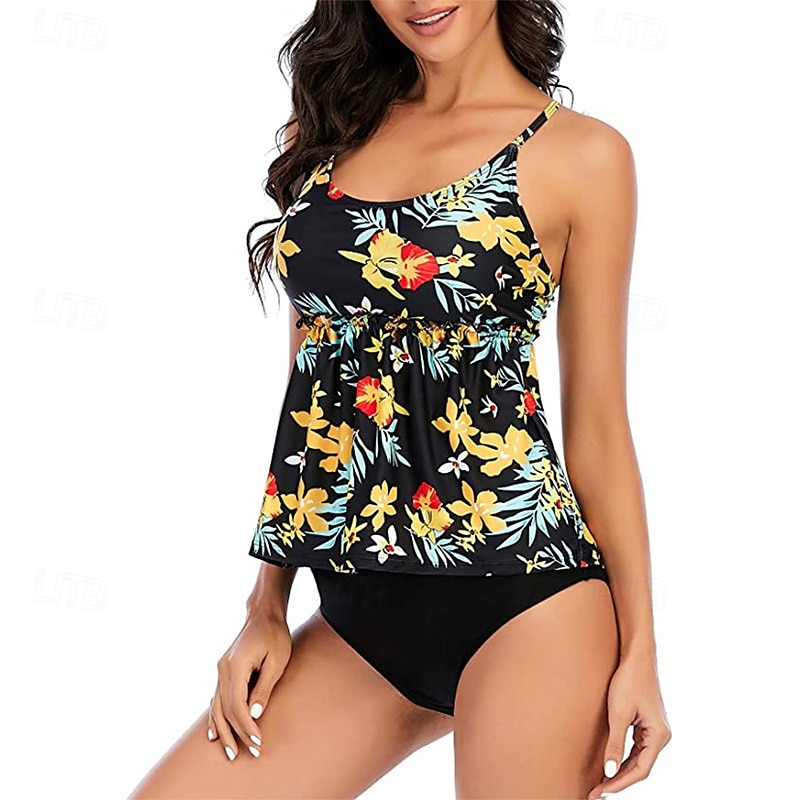 Femme Tankini Maillot De Bain Deux Pièces Dos Nu Maillots de Bain Floral Maillots de Bain Bleu Ciel Noir Respirable Séchage rapide Poids Léger Sans Manches - Natation Surf Plage Eté Printemps de 2025 ? $15.99 –P6
