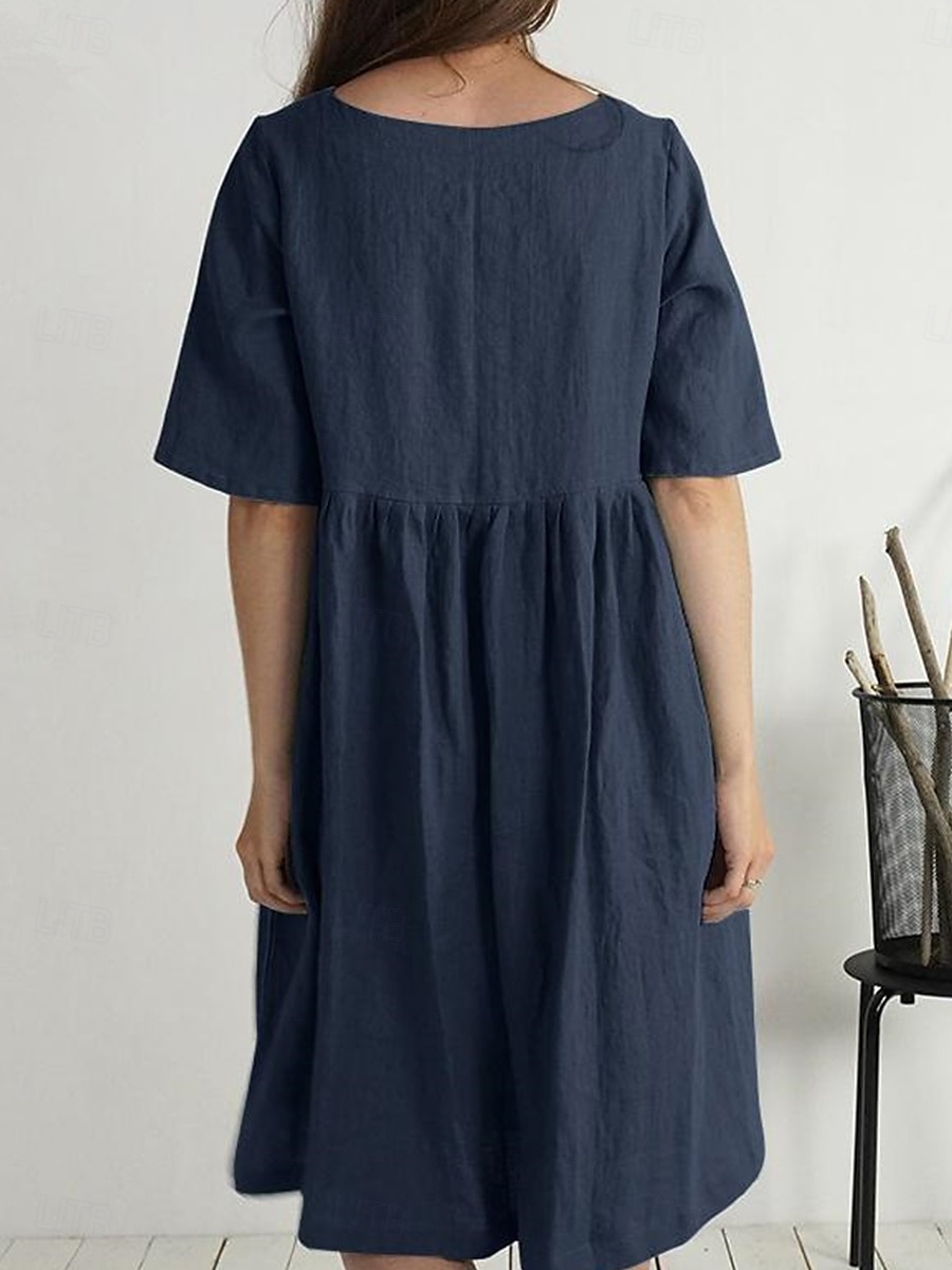 Damen Langes Kleid Maxikleid Baumwoll-Leinen-Kleider Freizeitkleid Basic Lässig Urlaub Täglich Normale Passform Einfach Kurzarm Rundhalsausschnitt Marineblau Grün Khaki Sommer 2025 - $26.99 –P4
