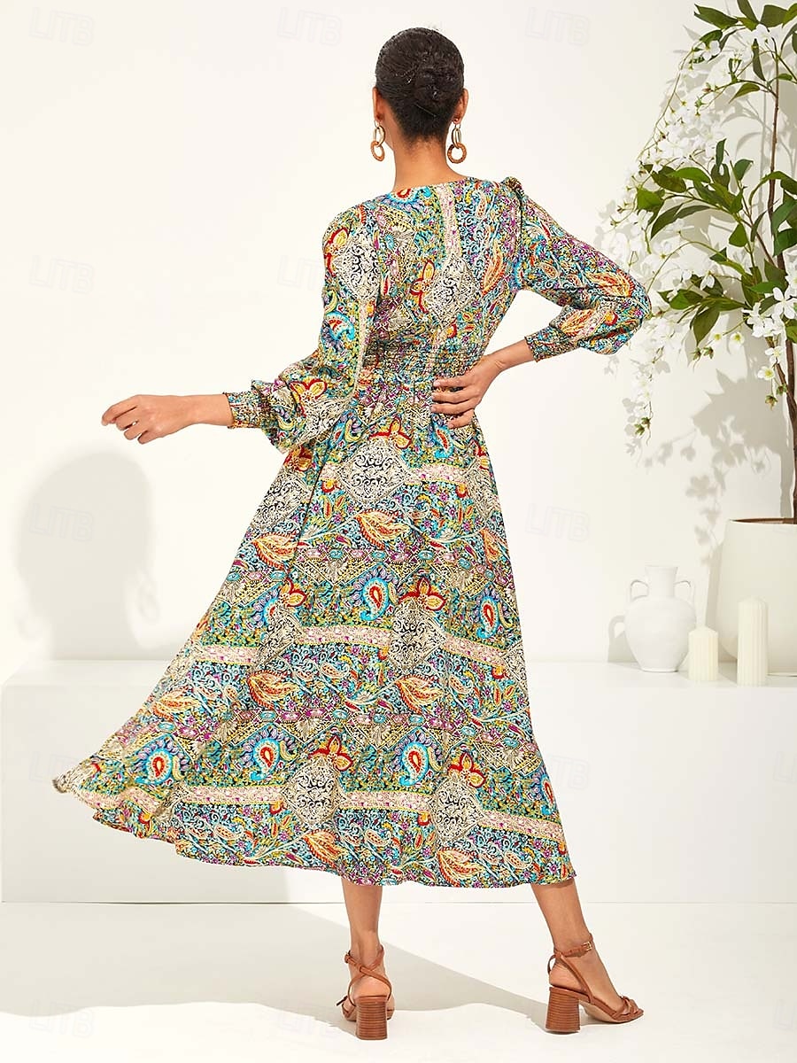 Femme Robe Maxi Robe ethnique Robe Évasée Elégant mode Vacances Ample Graphic Cachemire manche longue Col V Vert Eté Printemps de 2025 ? $39.99 –P6