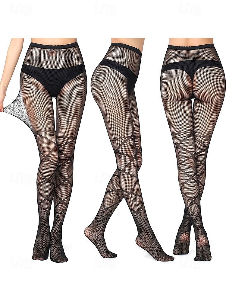 Комплект из 2 пар женских колготок в сеточку с кружевным узором – прозрачные колготки с шевронным и цветочным узором для вечеринок, клубной одежды и моды 2026 - $9.99 –P5