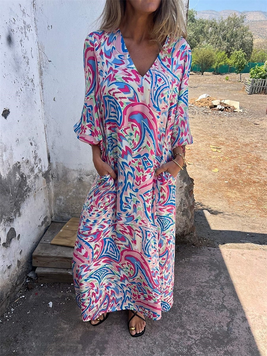 Női Maxiruha hétköznapi ruha Boho elegáns ruhák Boho ruha Csehország aranyos stílus Stílusos Lámpás hüvely Vakáció Napi Randi Laza öltözet Grafika Féhosszú V-alakú Arcpír rózsaszín Lóhere Nyár Tavasz 2025 - $28.99 –P1