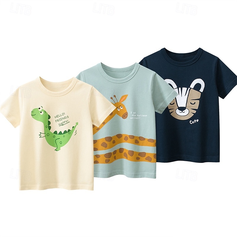 Multi Packs 3pcs Boys Crew Neck Short Sleeves Black+White+Light Blue T Shirt Cartoon Vacation Daily Wear 100% Cotton Spring & Summer 2025 - $17.49 –P3