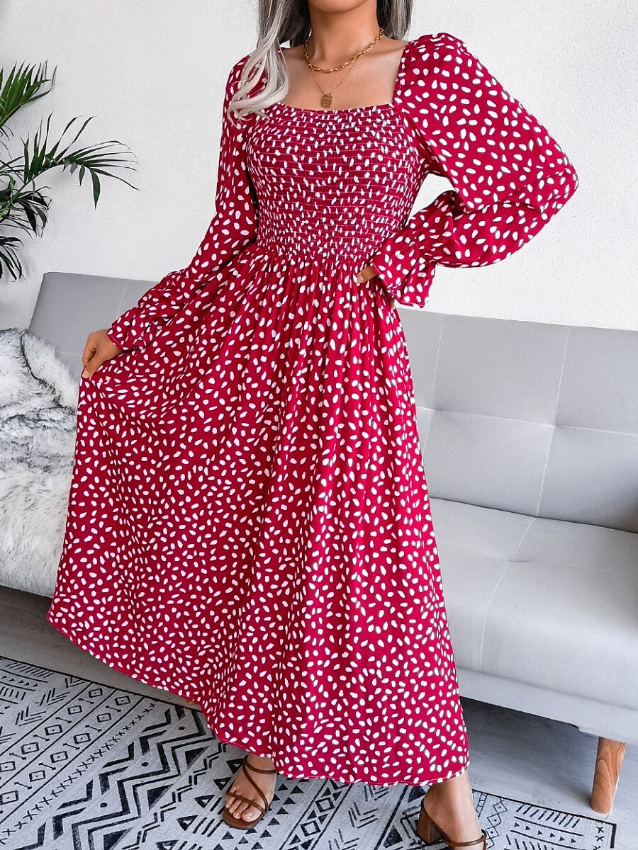 Femme Robe Maxi Robe Maxi Robe de laitière Robe smockée Soirée Hawaïen mode Vacances Travail du quotidien Standard Pois manche longue Col Carré Jaune Rose Claire Printemps Automne de 2025 ? $33.99 –P8