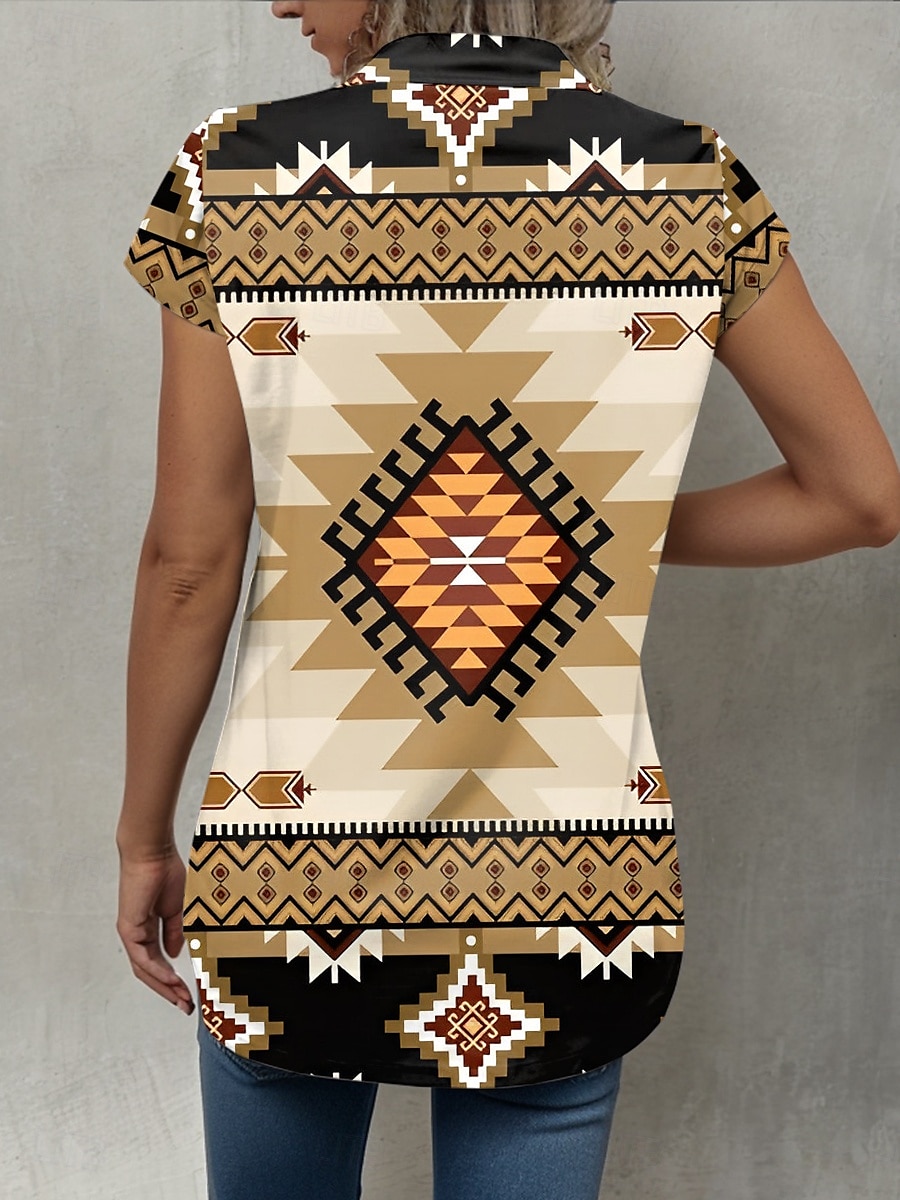 Dames Overhemd Geometrisch Dagelijks Korte mouw Kap Overhemdkraag Lange tops Dagelijks Geel Zomer 2025 - $25.99 –P3
