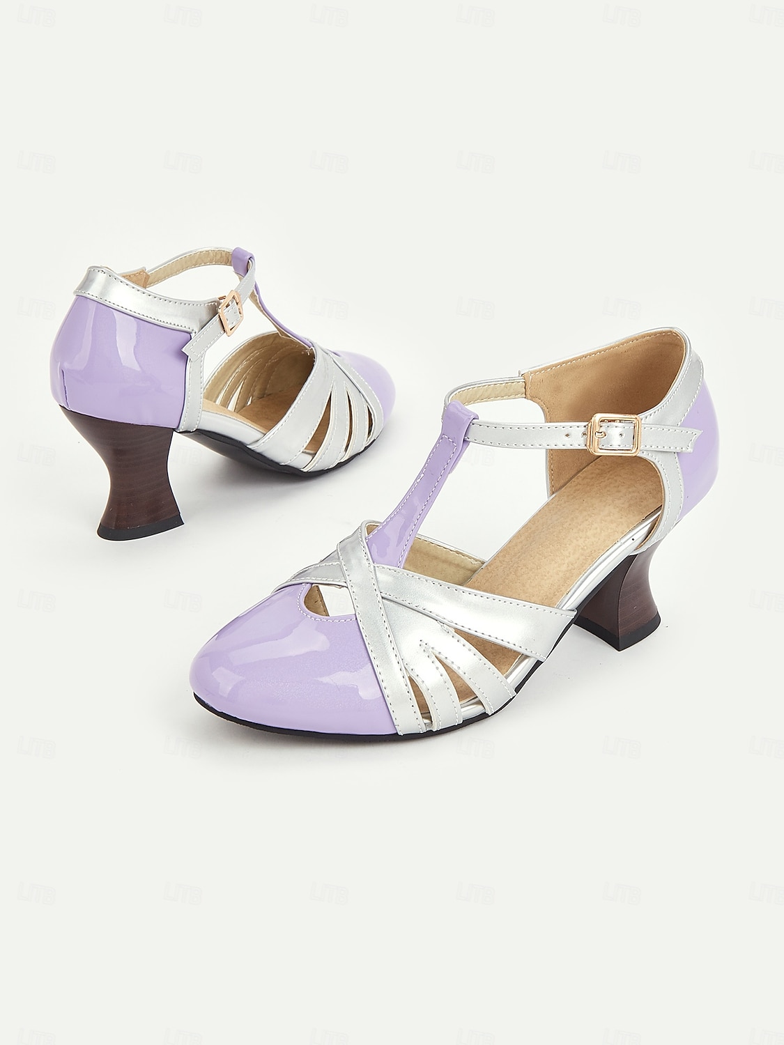 dameslavendel en zilveren t-band pumps met hak, uitsparingen en middelhoge hak voor elegante dansfeesten en formele gelegenheden 2025 - $46.99 –P3