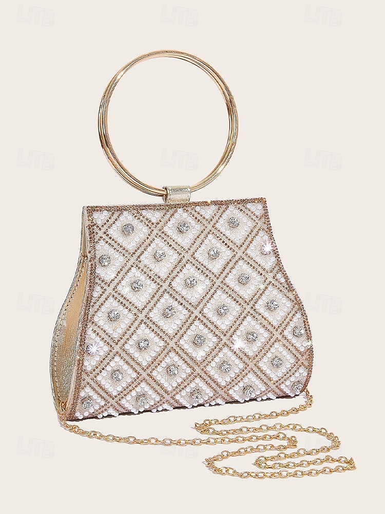 Women's Rhinestone Embellished Evening Clutch Bag – Elegant Handbag with Gold Ring Handle and Chain Strap for Weddings and Parties Color Silver Black / White Black 2025 - $32.99 –P2