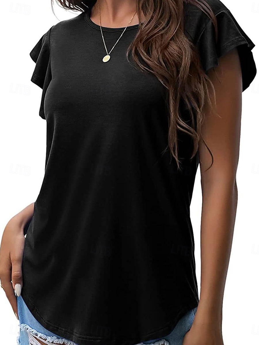 Women's T Shirt Plain Fashion Modern Casual Short Sleeve Crew Neck Regular Tops Daily Weekend Ruffle Black Pink Gray Summer Spring 2025 - $21.99 –P1