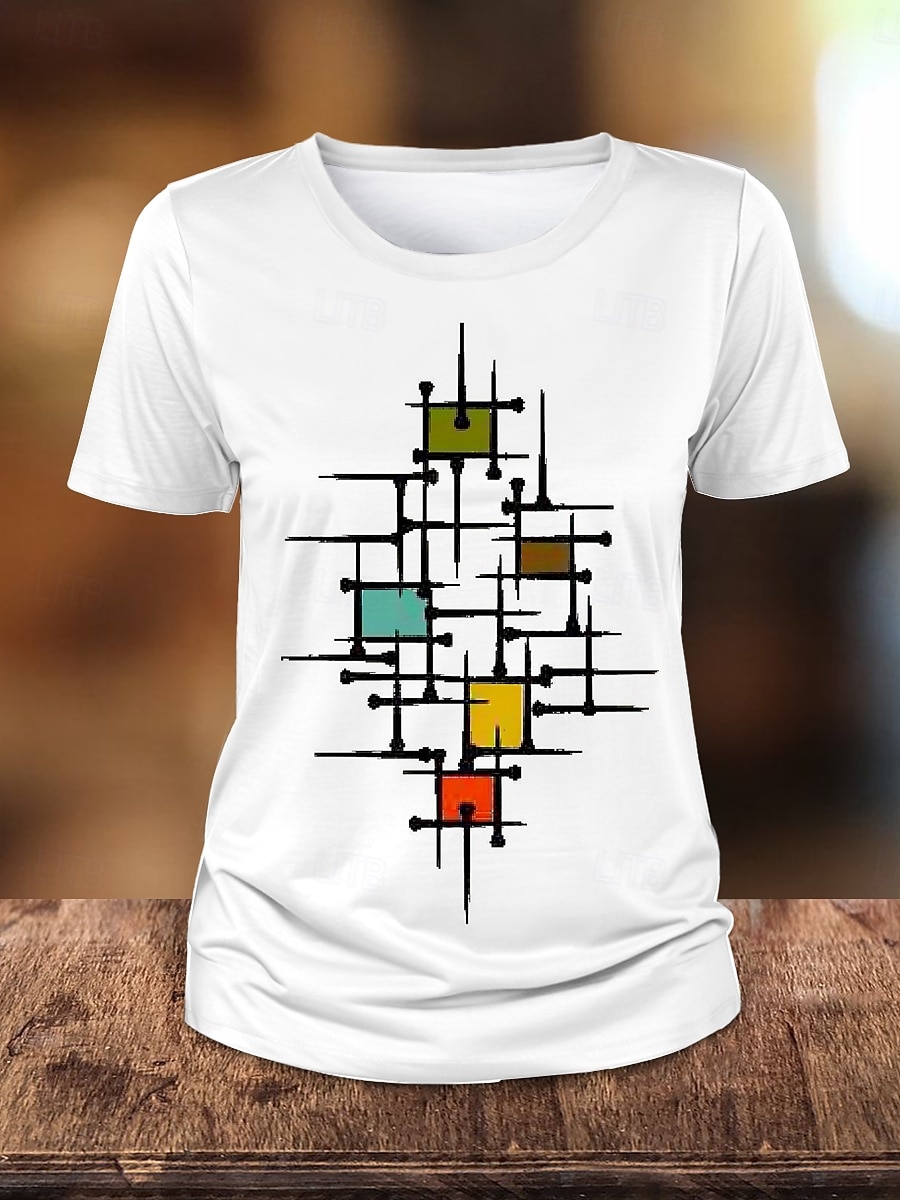 Dame T skjorte Geometrisk Fritid Langermet Crew-hals Vanlige topper Daglig Knapper Trykt mønster Asymmetrisk Hvit Vår Høst 2025 - $19.99 –P3