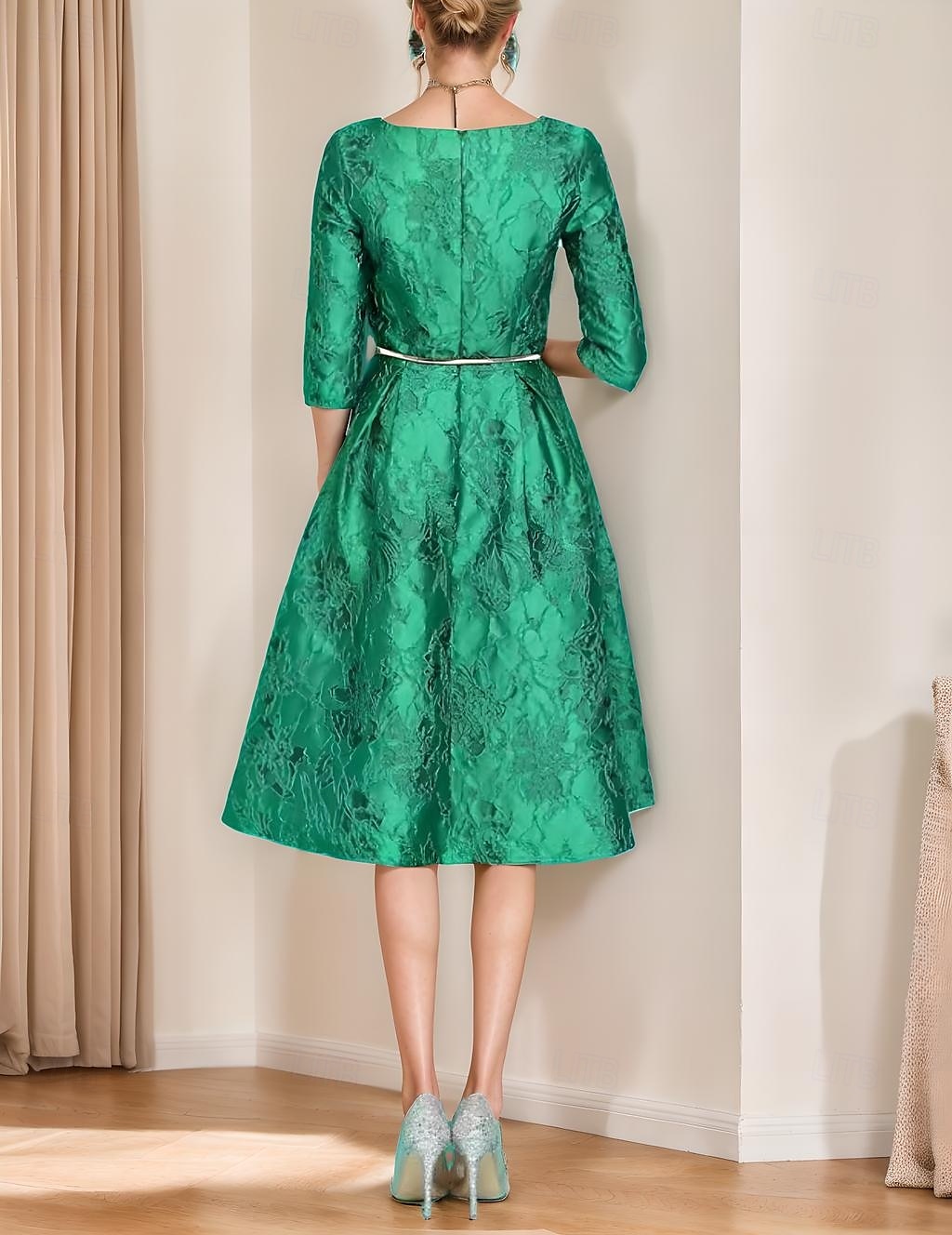 Robe mère de la mariée A-Line élégante minimaliste à col en V longueur thé en jacquard à demi-manches avec ceinture embellie robe de jour de course robe invitée de mariage de 2025 ? $190.99 –P4