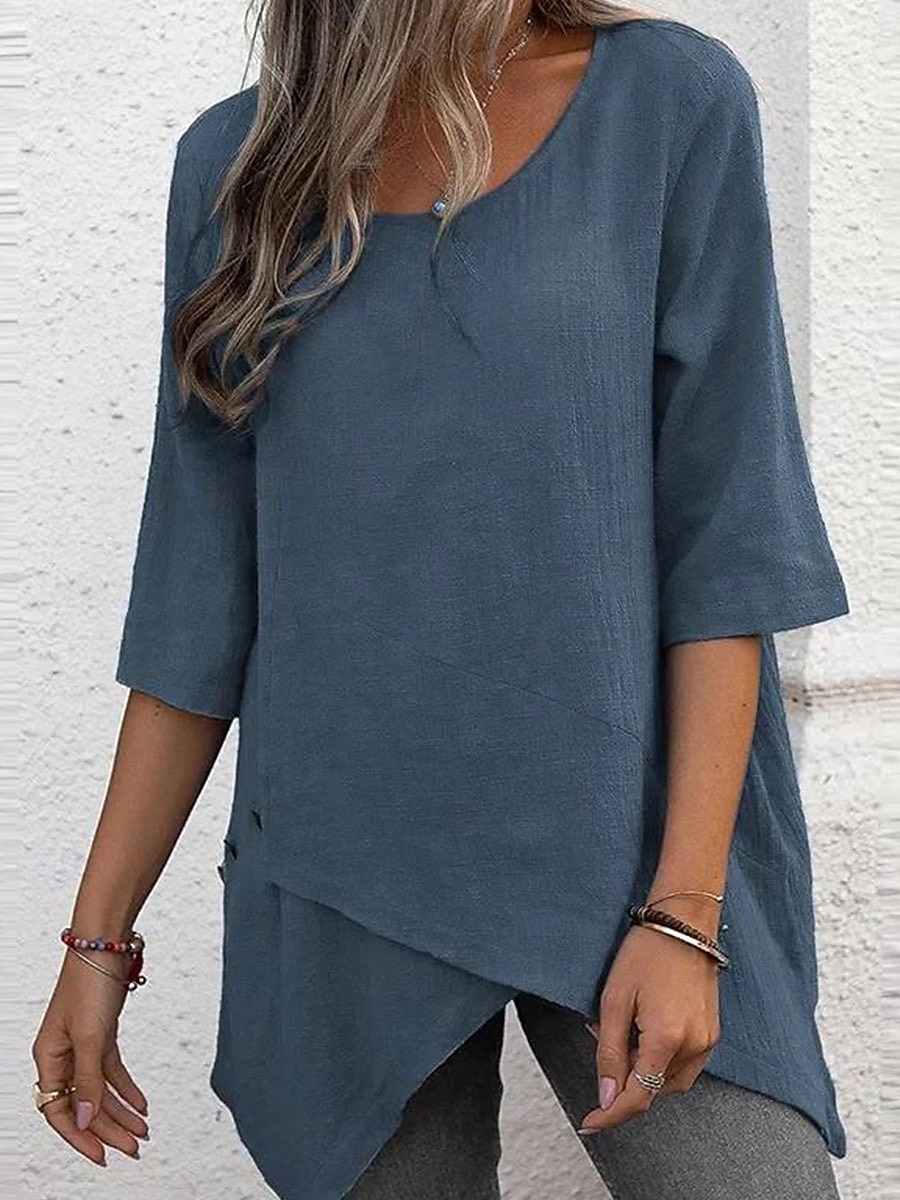 Women's Blouse Solid Color Elegant Stylish Casual Short Sleeve Crew Neck Regular Tops Work Daily Going out Asymmetric Hem Dusty Blue Gray Summer Spring 2025 - $26.99 –P1