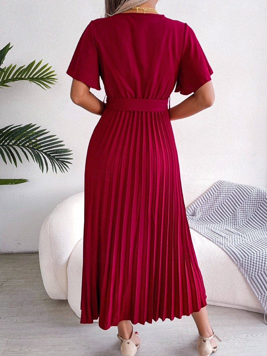 Mulheres Vestido midi Vestido casual Vestido A Line à moda Básico Casual Férias Diário Normal Tecido Manga Curta Decote V Vermelho Verde Verão Primavera de 2025 por $38.99 –P6