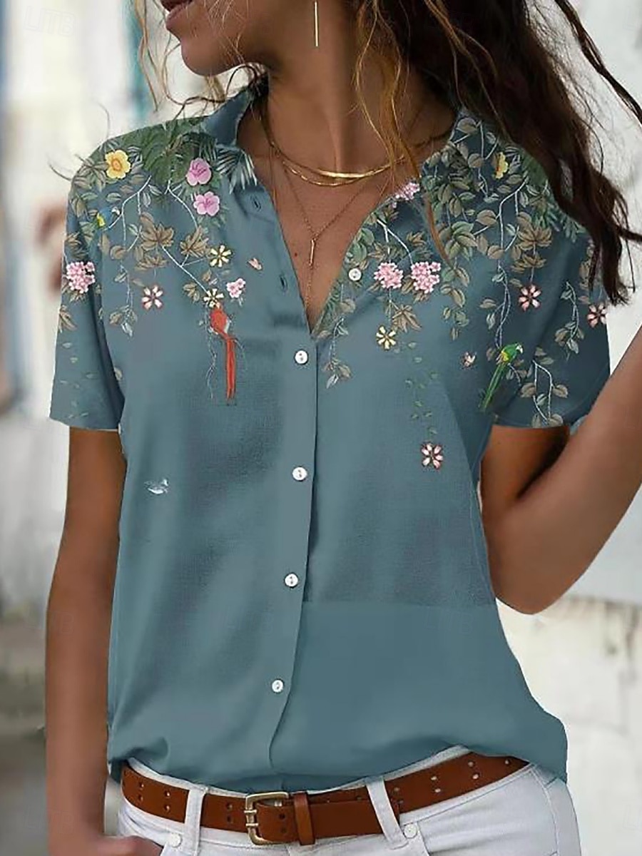 Dames Overhemd Blouse Knop Afdrukken Bloemig Stijlvol Casual Korte mouw Overhemdkraag Normale tops Dagelijks blauw Lichtgroen Blozend Roze Zomer Lente 2026 - $25.99 –P5