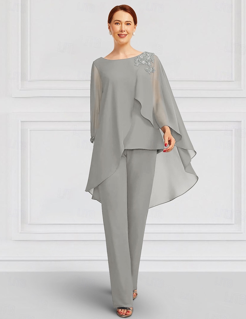 Zwei-Teile Jumpsuit  Hosenanzug Brautmutter Elegant Juwel-Ausschnitt Bodenlang Chiffon Langarm Wickel inklusive mit Spitzen-Rüschen Einfarbig 2025 - $177.99 –P3