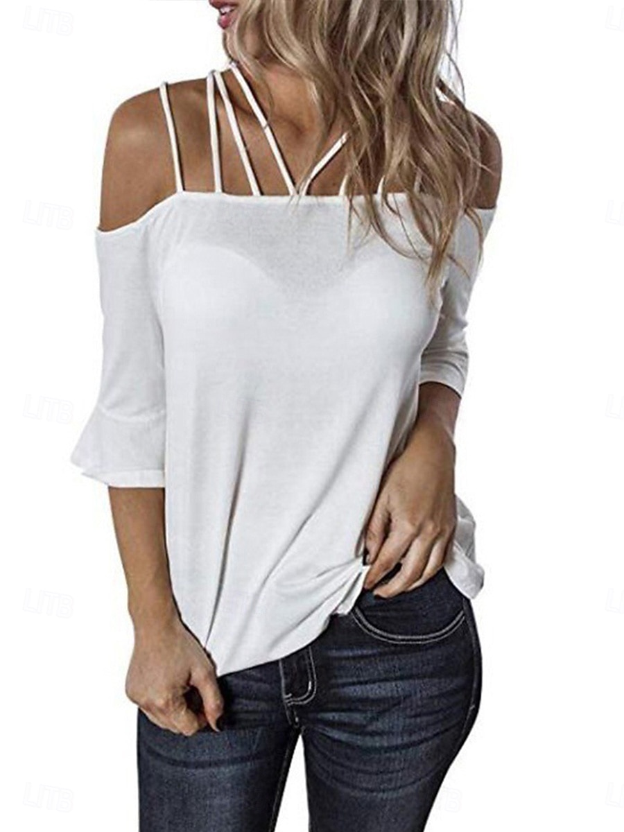 Γυναικεία Μπλουζάκι Σκέτο Μοντέρνα Καθημερινό Μακρυμάνικο Ώμοι Έξω Κανονικά μπλουζάκια Καθημερινά Σαββατοκύριακο Λευκό Ανθισμένο Ροζ Γκρίζο Καλοκαίρι Άνοιξη Φθινόπωρο 2026 - $23.99 –P2
