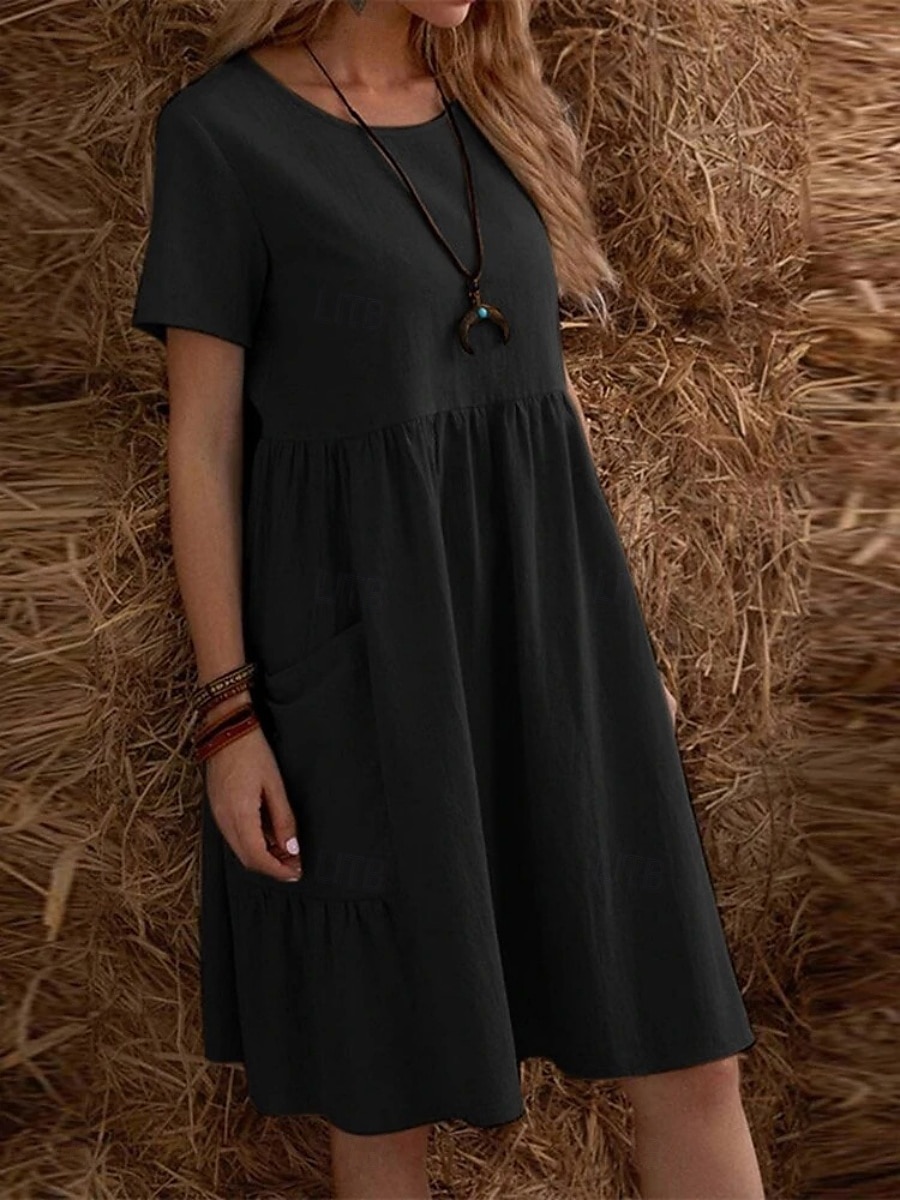 Pentru femei Rochie Mini Rochii de in bumbac Rochie casual Rochie maxi din bumbac De Bază Casual Vacanță Zilnic Fit regulat Simplu Manșon scurt Stil Nautic Negru Caisă Vară 2025 - $26.99 –P5
