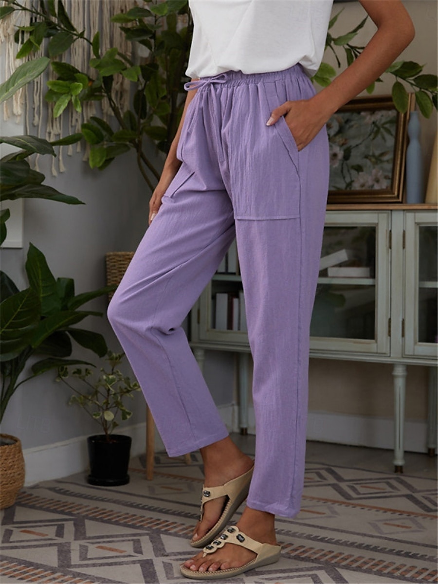 Per donna Pantaloni in cotone e lino Chinos Stile Classico Lunghezza intera Vita Alta Semplice Tasca Fascia Elastica Comodo Morbido Confortevole Micro-elastico All'aperto Streetwear Viola Verde del 2025 a $21.99 –P2