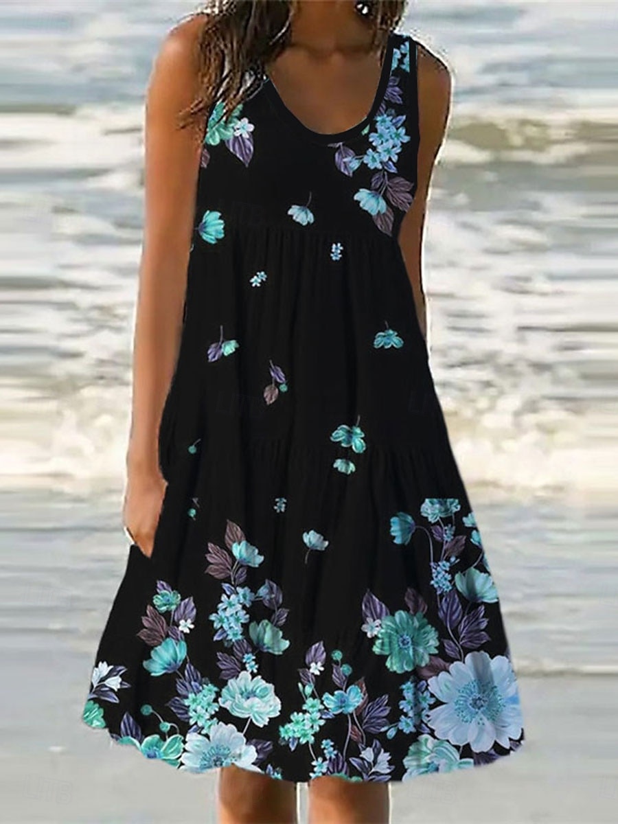 Kvinnors Mini Klänning Petite Klänning Sommarklänning Skift Klänning Volang Klänning Semester Avslappnad Utomhus Semester Dags Regular Fit Blommig Ärmlös U-Hals Blå Lila Fuchsia Grön Sommar Vår 2025 - $28.99 –P3